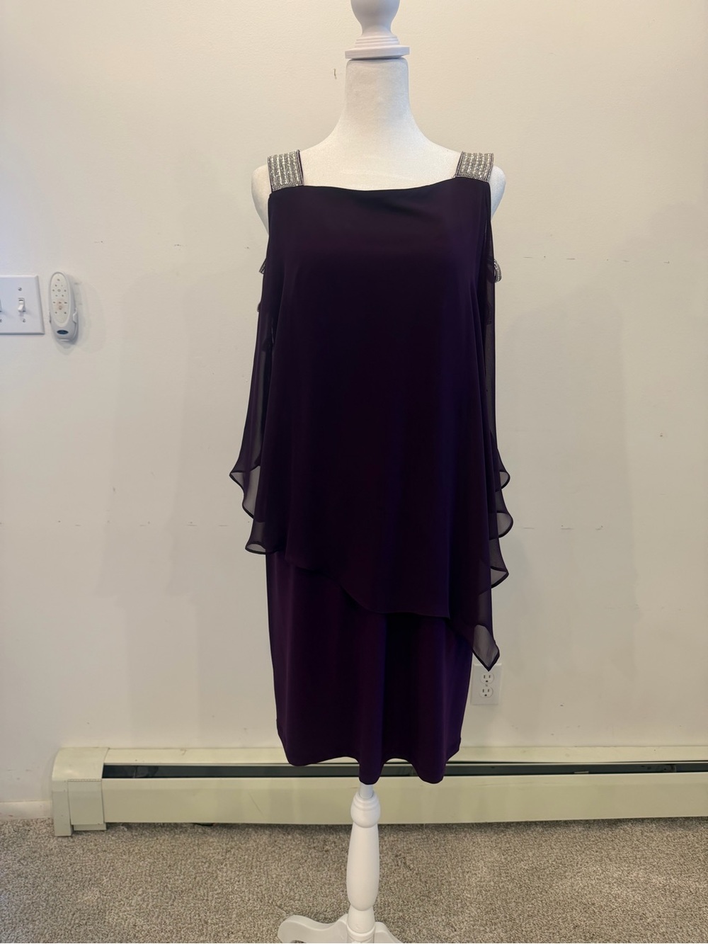 MSK Beaded Strap Layered Chiffon Cocktail Dress - Plum